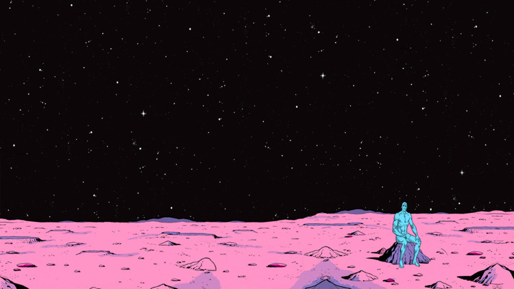 a stylised picture of a man sitting on rocks on alien planet